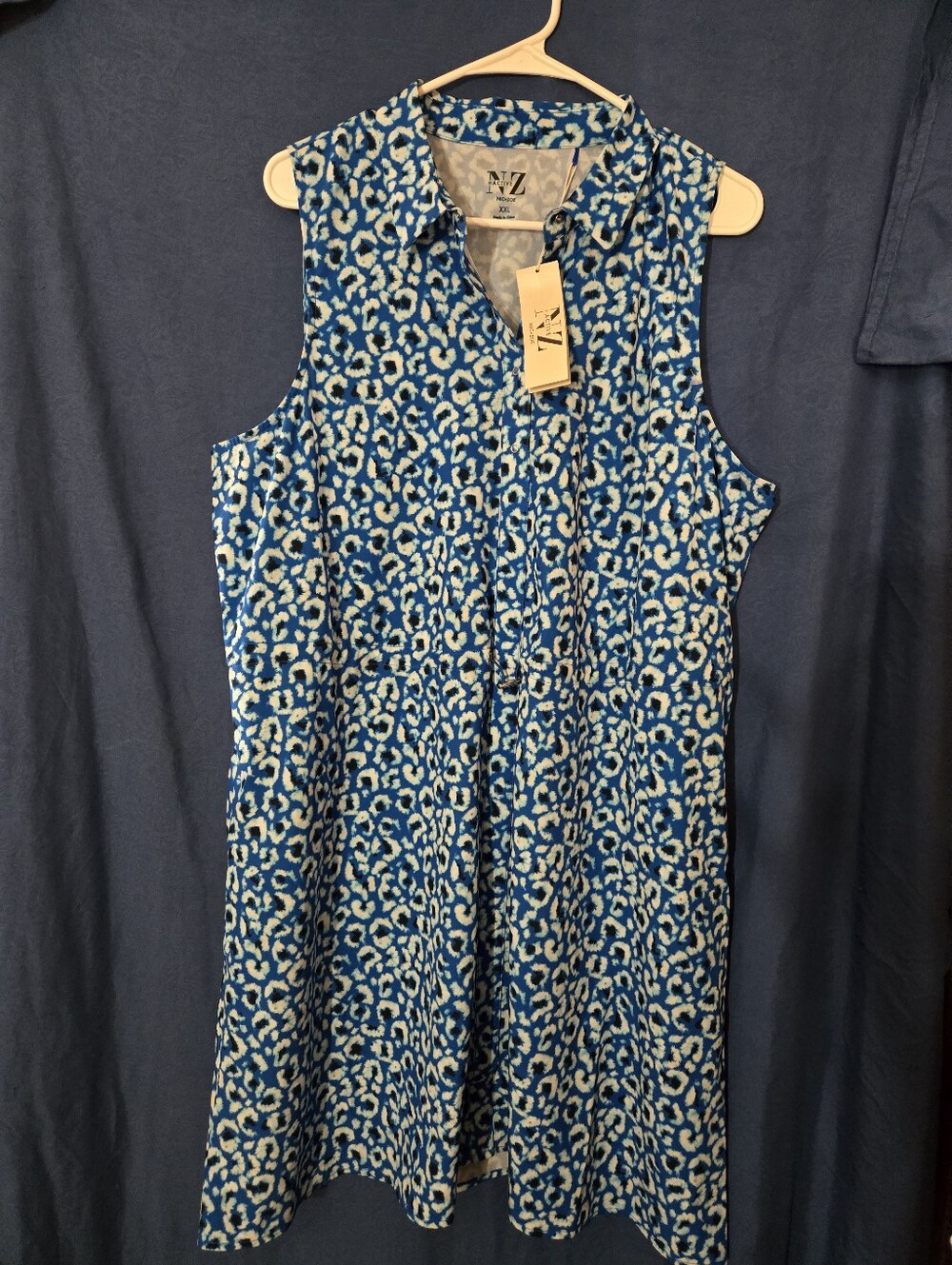 NIC+ZOE Active Blue & White Sleeveless Shift Tunic Dress with Leopard Print NWT